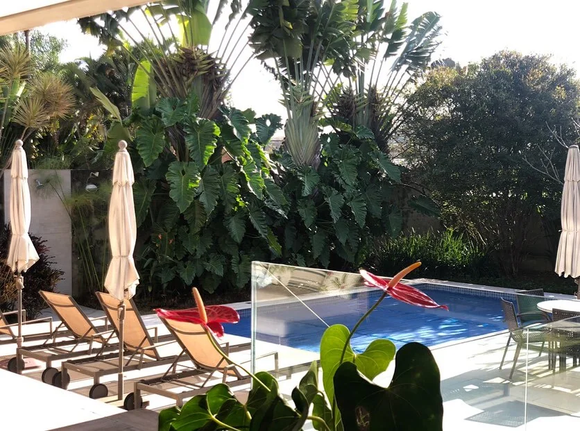 Jardim tropical integrado a uma área de lazer com piscina